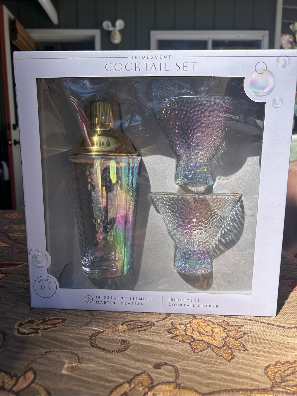 Iridescent Cocktail Shaker & Stemless Martini Glasses Set